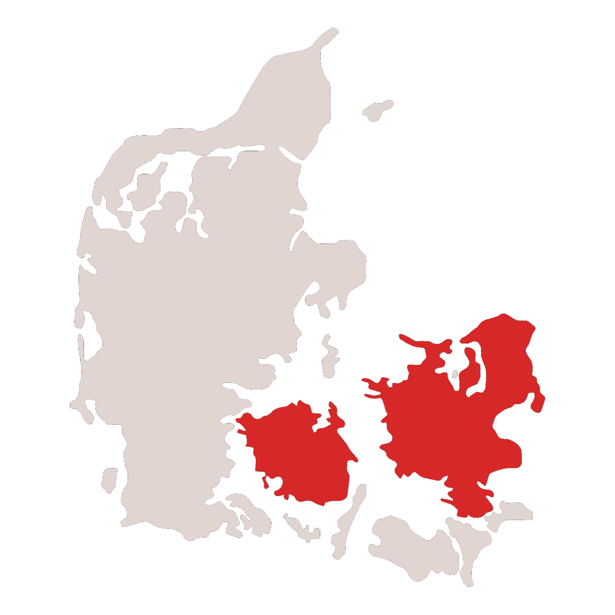 Kort over Danmark med Sjælland og Fyn markeret med rødt som Team Basens dækningsområde